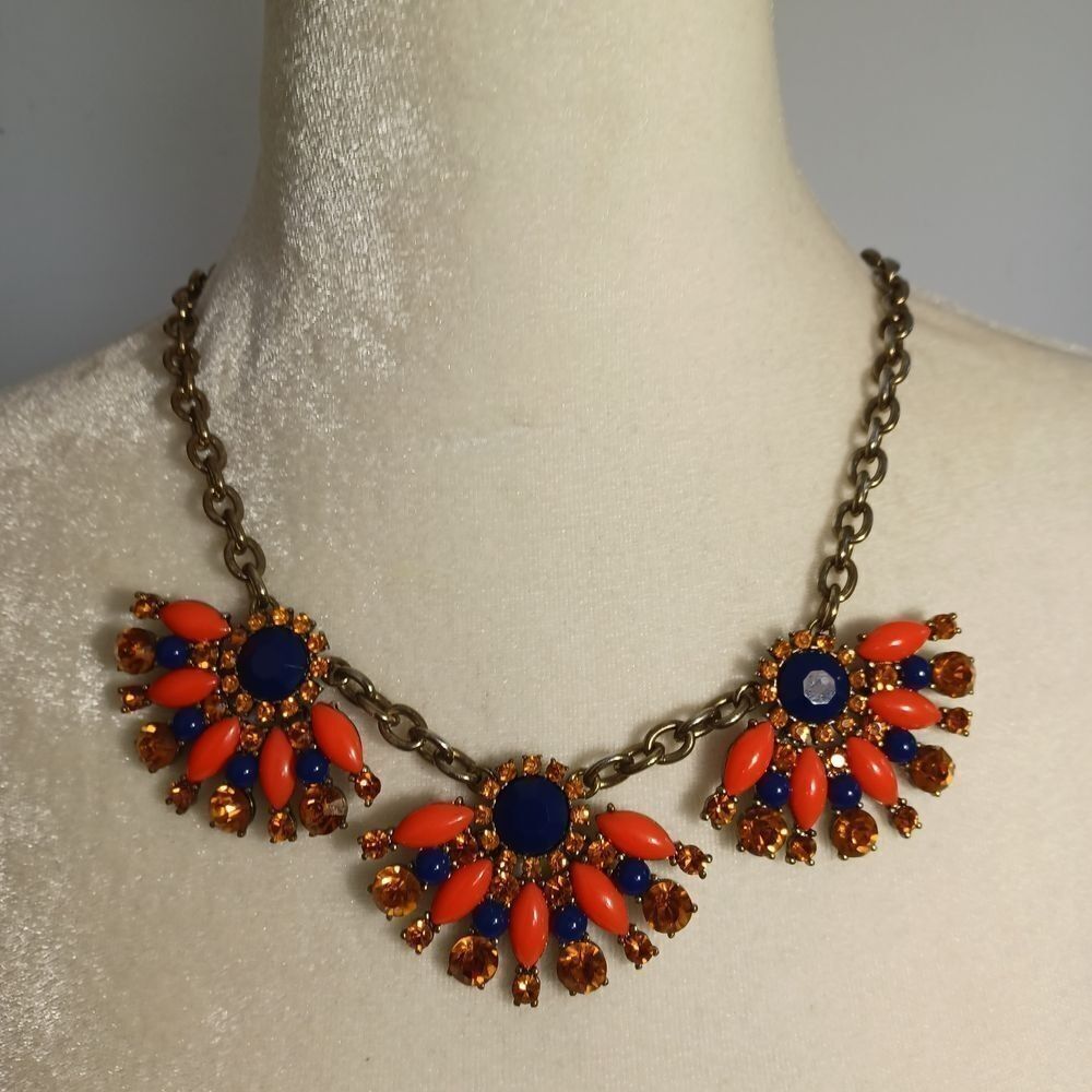 J CREW Necklace  Rhinestone Statement Bib Orange Blue Colorful Bold Wedding Part